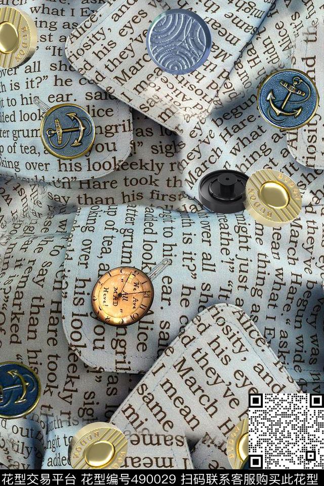 复古字母纽扣勋章休闲风数码印花华亿平台下载（图片编号: 490029） - 瓦栏（Walan）