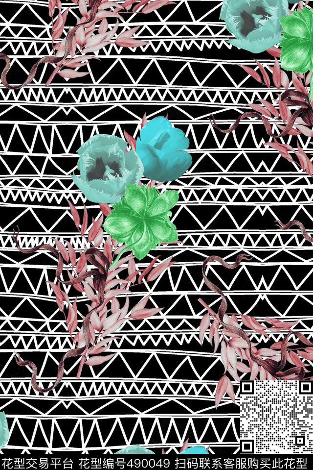 时尚线条花卉数码印花华亿平台下载（图片编号: 490049） - 瓦栏（Walan）