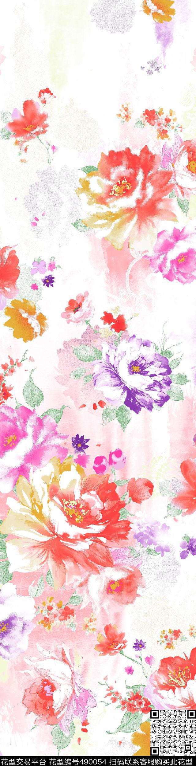 时尚花卉手绘数码印花华亿平台下载（图片编号: 490054） - 瓦栏（Walan）
