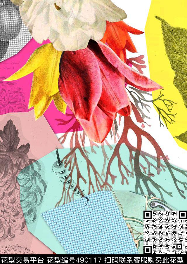 复古花卉几何数码印花华亿平台下载（图片编号: 490117） - 瓦栏（Walan）
