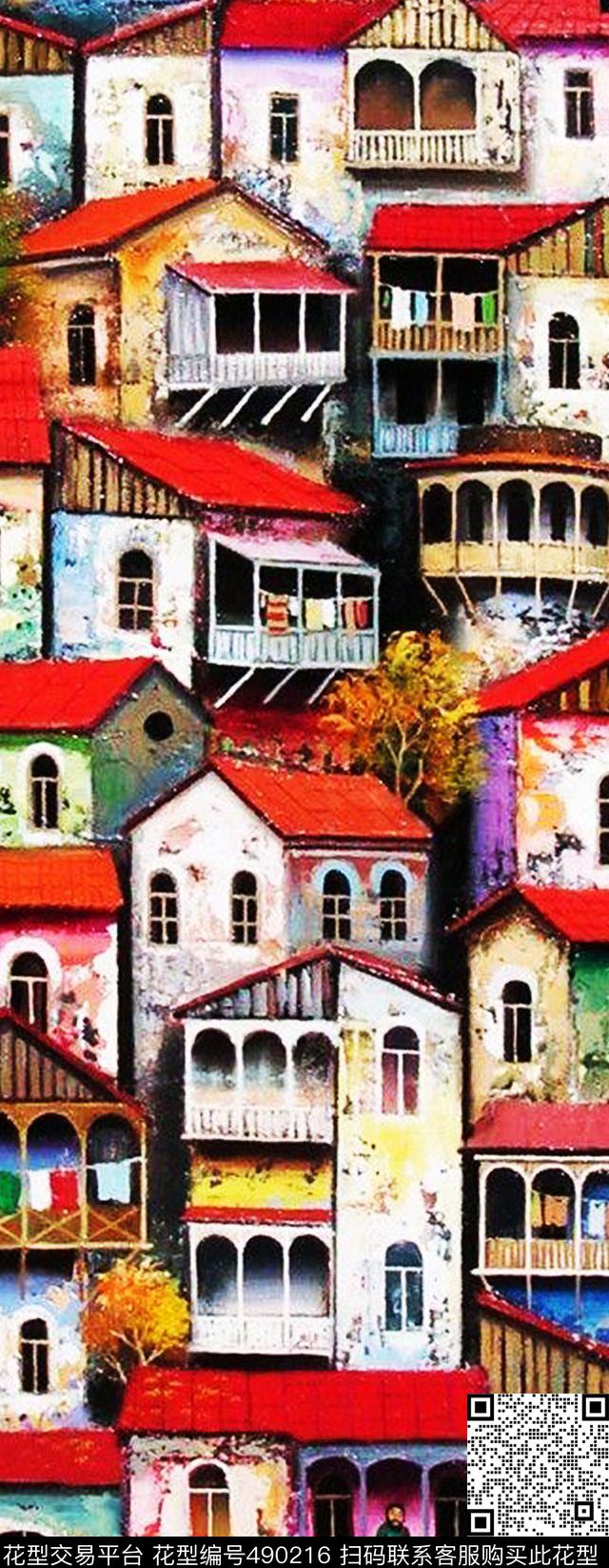 时尚复古大牌油画建筑数码印花华亿平台下载（图片编号: 490216） - 瓦栏（Walan）