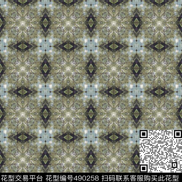 对称绿色树木数码印花华亿平台下载（图片编号: 490258） - 瓦栏（Walan）