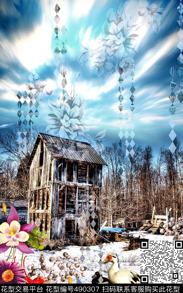 时尚风景几何数码印花华亿平台下载（图片编号: 490307） - 瓦栏（Walan）