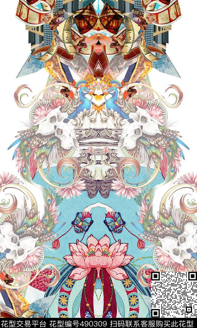 抽象复古图案荷花长款定位数码印花华亿平台下载（图片编号: 490309） - 瓦栏（Walan）