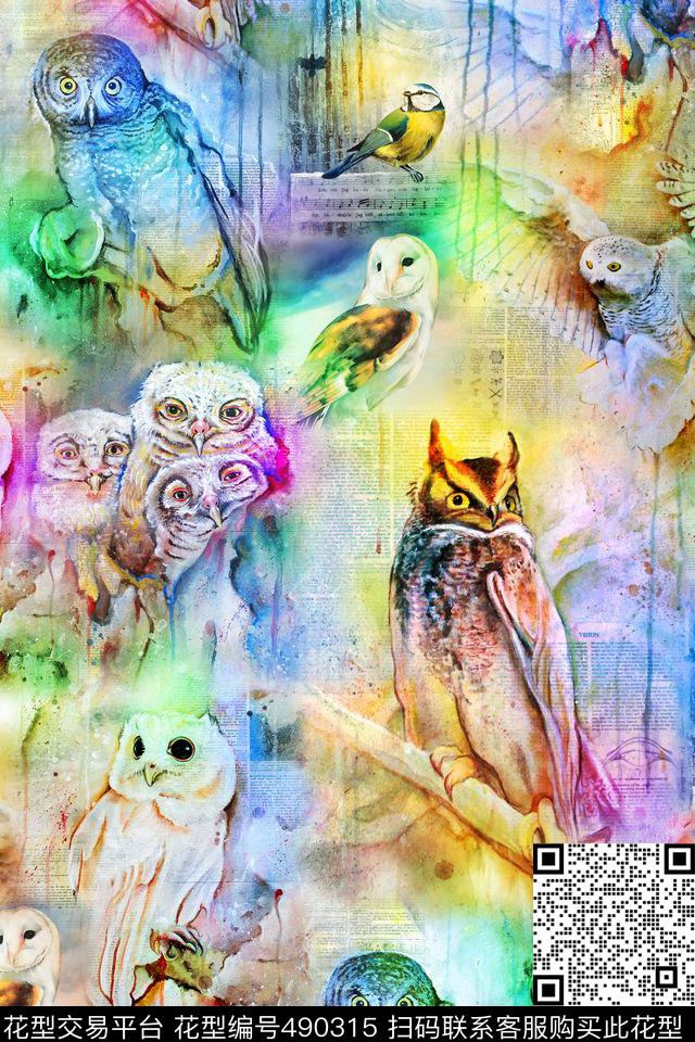 时尚手绘猫头鹰数码印花华亿平台下载（图片编号: 490315） - 瓦栏（Walan）