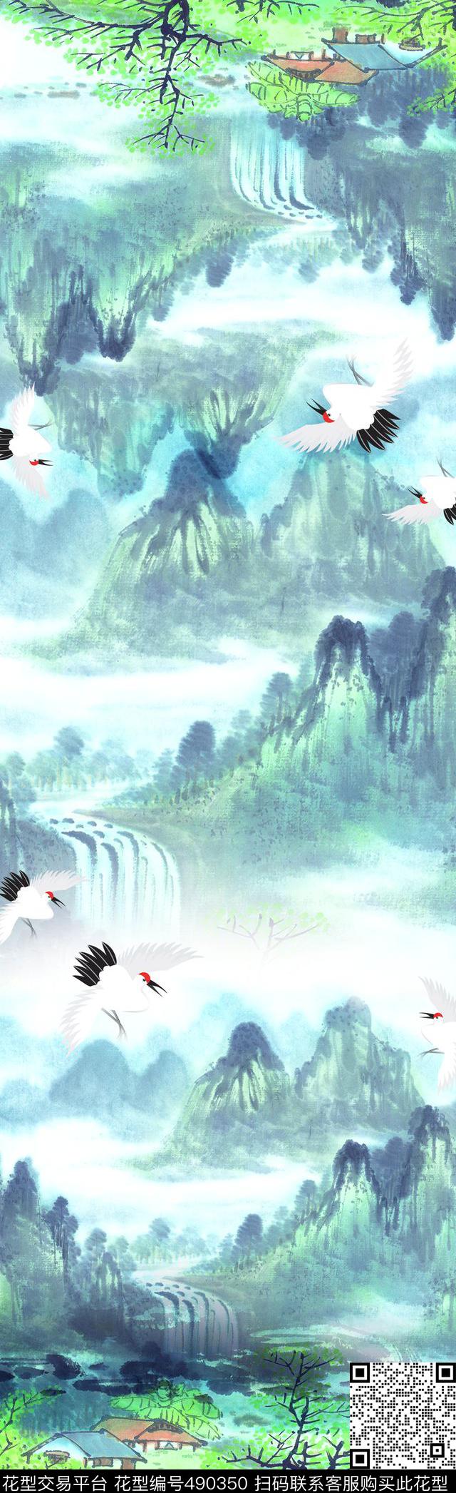 中国风鹤山水数码印花华亿平台下载（图片编号: 490350） - 瓦栏（Walan）