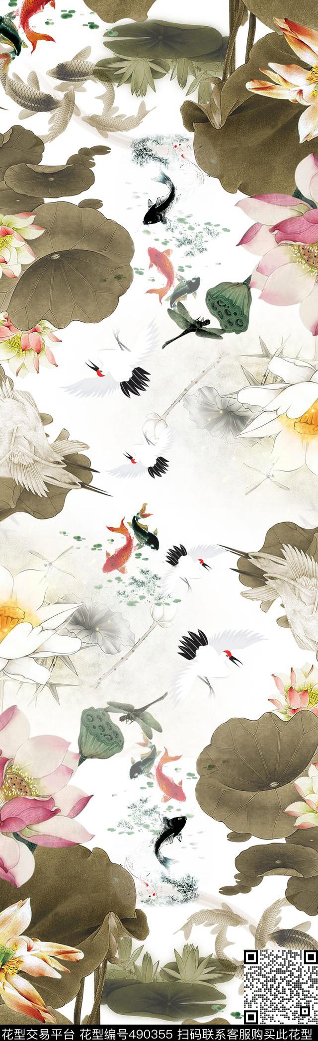 中国风鲤鱼鹤数码印花华亿平台下载（图片编号: 490355） - 瓦栏（Walan）