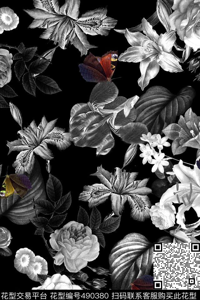 黑白花卉蝴蝶数码印花华亿平台下载（图片编号: 490380） - 瓦栏（Walan）