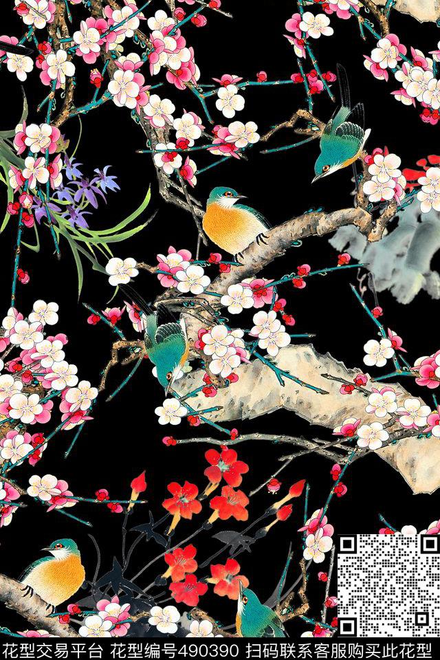 中国风工笔画梅花数码印花华亿平台下载（图片编号: 490390） - 瓦栏（Walan）
