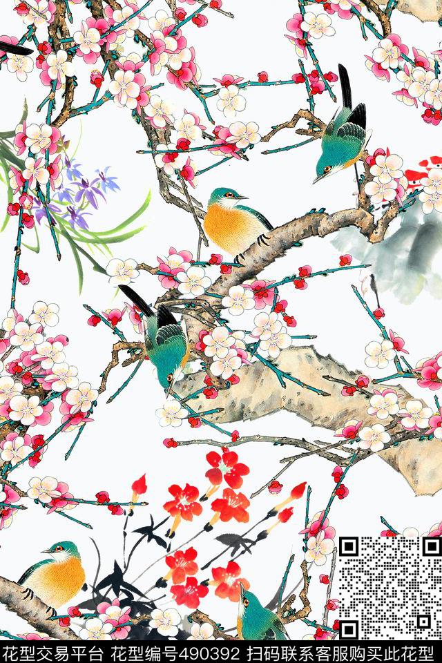 中国风工笔画梅花数码印花华亿平台下载（图片编号: 490392） - 瓦栏（Walan）