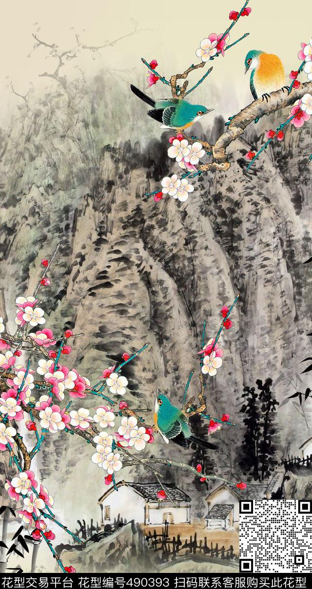 中国风山水画定位数码印花华亿平台下载（图片编号: 490393） - 瓦栏（Walan）