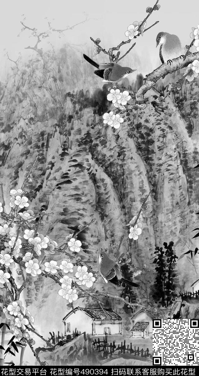 中国风山水画定位数码印花华亿平台下载（图片编号: 490394） - 瓦栏（Walan）