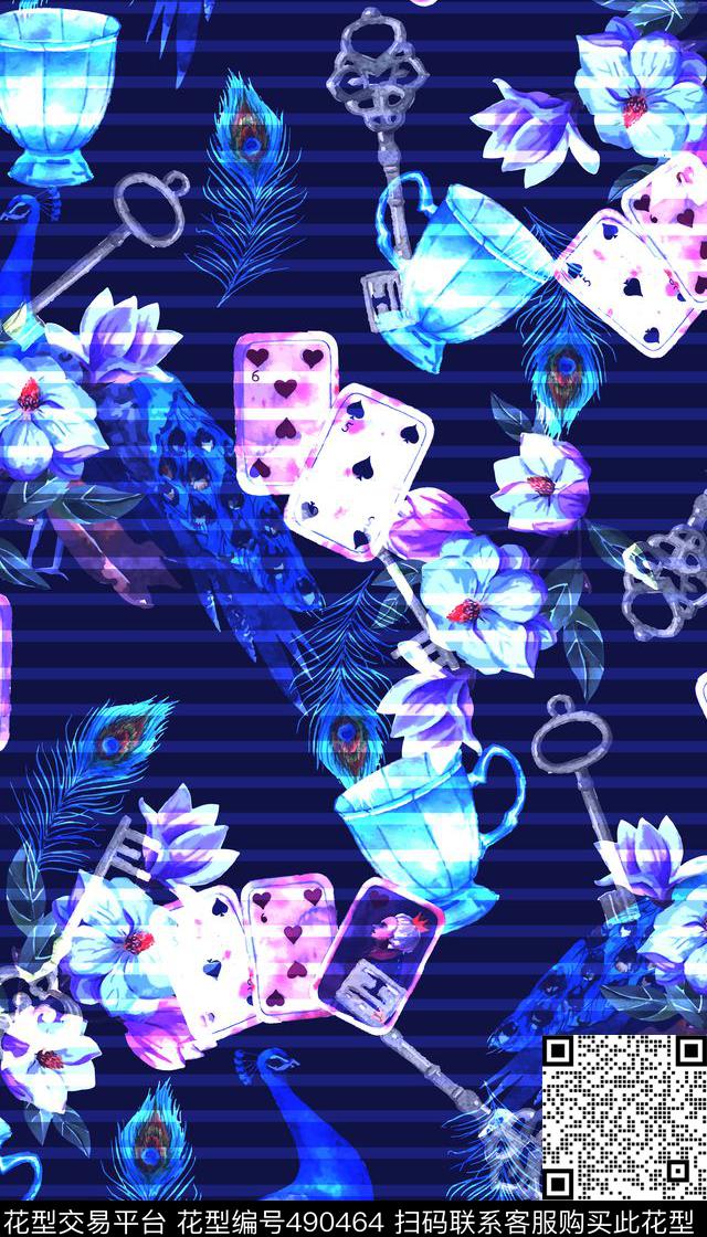 条纹孔雀花卉数码印花华亿平台下载（图片编号: 490464） - 瓦栏（Walan）