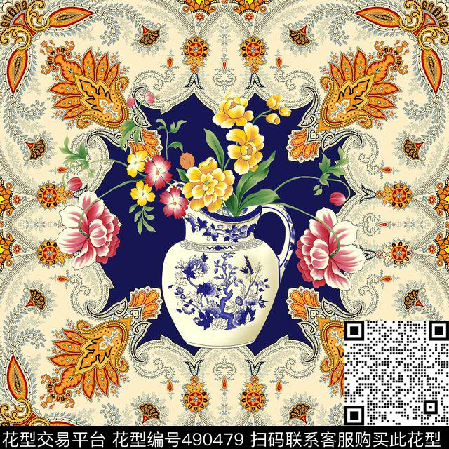 花卉潮流大牌传统花纹数码印花华亿平台下载（图片编号: 490479） - 瓦栏（Walan）