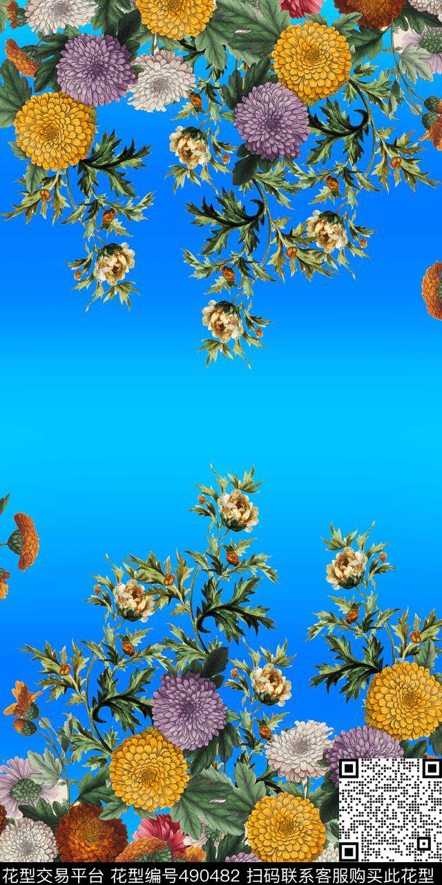 花卉潮流大牌时尚手绘花卉数码印花华亿平台下载（图片编号: 490482） - 瓦栏（Walan）
