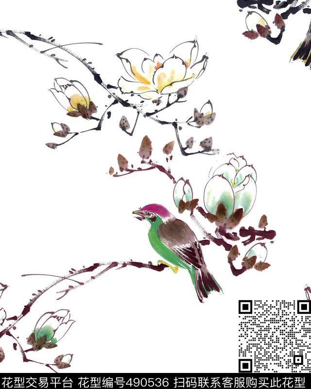 传统花鸟复古毛派梅花数码印花华亿平台下载（图片编号: 490536） - 瓦栏（Walan）