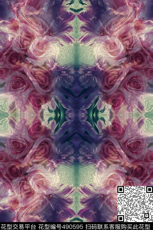 紫花红花组合数码印花华亿平台下载（图片编号: 490595） - 瓦栏（Walan）