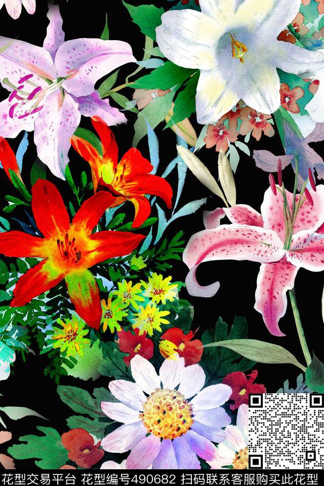 清爽水彩写实花卉手绘数码印花华亿平台下载（图片编号: 490682） - 瓦栏（Walan）