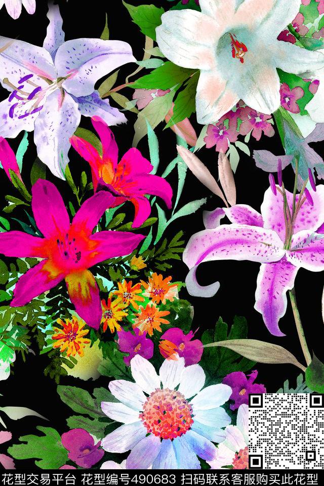 清爽水彩写实花卉手绘数码印花华亿平台下载（图片编号: 490683） - 瓦栏（Walan）