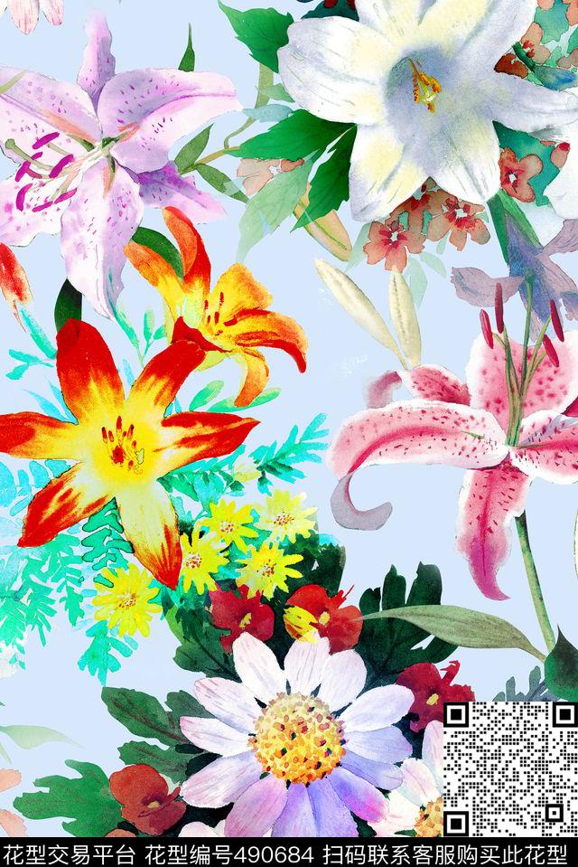 清爽水彩写实花卉手绘数码印花华亿平台下载（图片编号: 490684） - 瓦栏（Walan）
