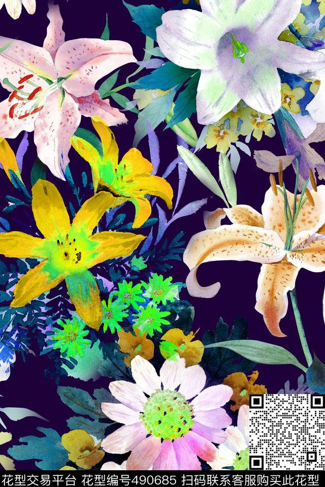清爽水彩写实花卉手绘数码印花华亿平台下载（图片编号: 490685） - 瓦栏（Walan）