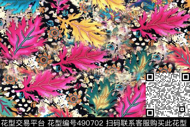 花卉树叶针织底纹太阳圈数码印花华亿平台下载（图片编号: 490702） - 瓦栏（Walan）