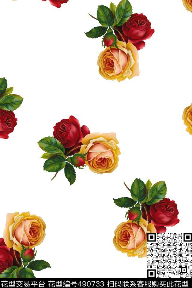 花卉玫瑰清爽数码印花华亿平台下载（图片编号: 490733） - 瓦栏（Walan）