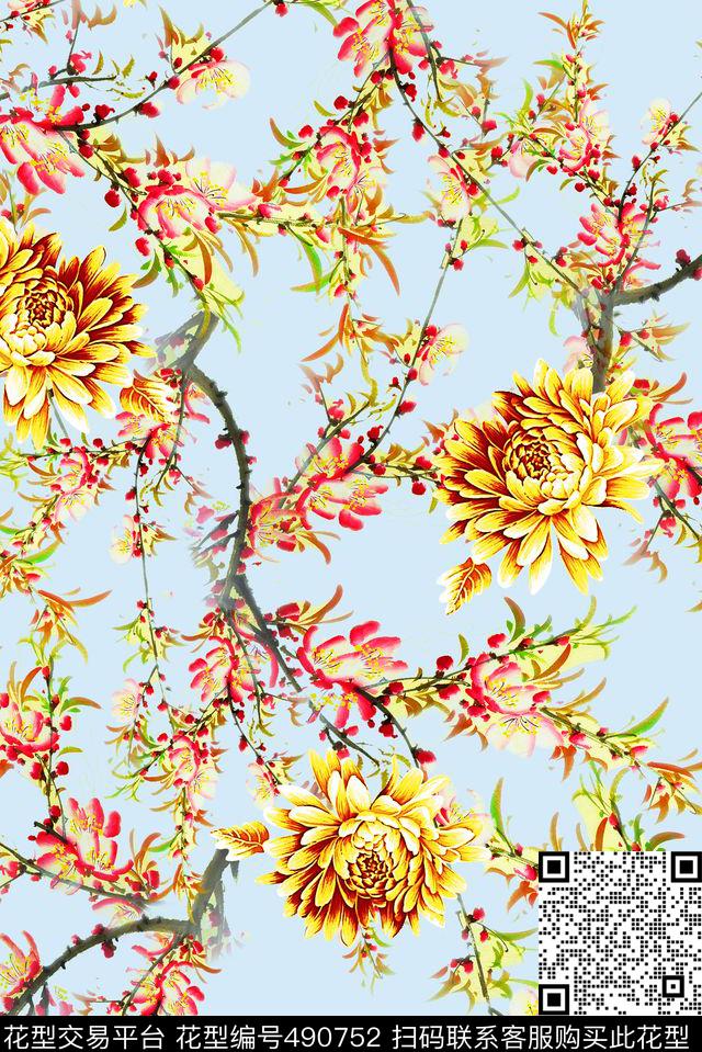 中国风欧美古典复古手绘花卉手绘抽象素雅树枝花卉复古欧美风大牌时尚走秀H【抽象】数码印花华亿平台下载（图片编号: 490752） - 瓦栏（Walan）