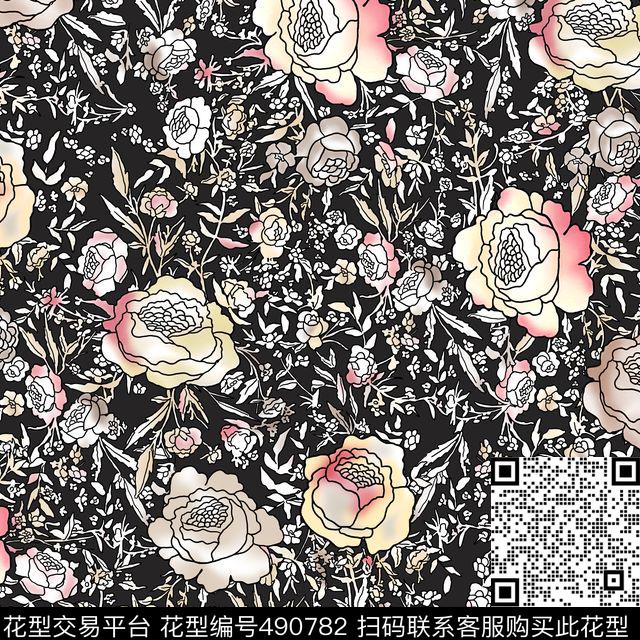 大牌黑底白花手绘花卉数码印花华亿平台下载（图片编号: 490782） - 瓦栏（Walan）