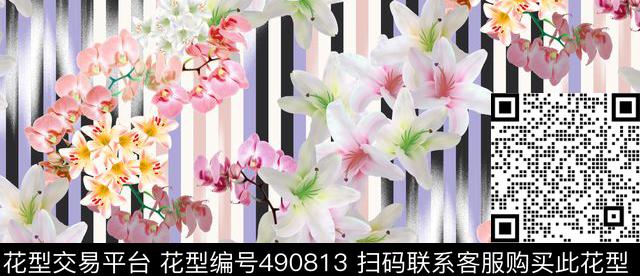 花卉欧美条纹花卉数码印花华亿平台下载（图片编号: 490813） - 瓦栏（Walan）