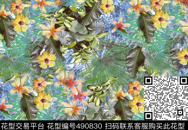 花卉拼接欧美热带风情数码印花华亿平台下载（图片编号: 490830） - 瓦栏（Walan）