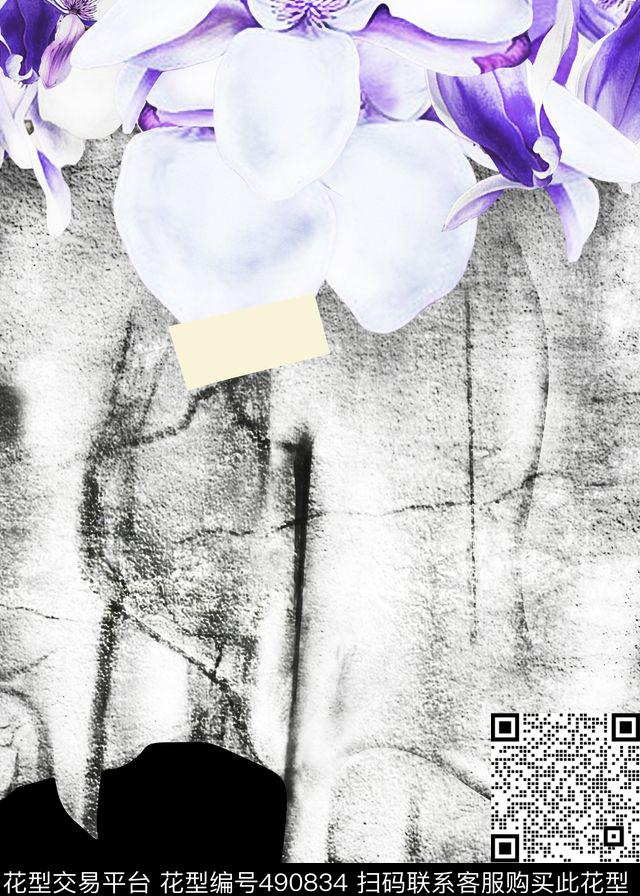 黑白花卉拼接欧美数码印花华亿平台下载（图片编号: 490834） - 瓦栏（Walan）