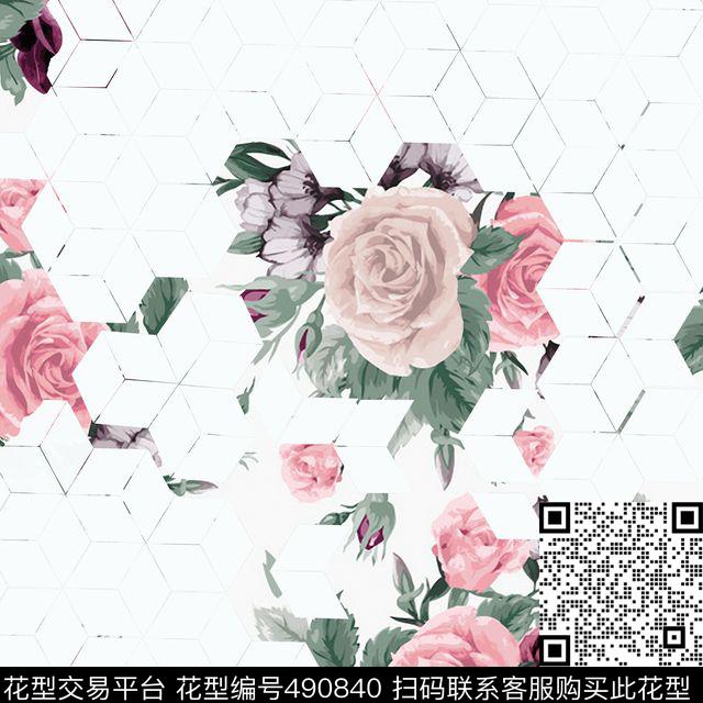花卉拼接几何花卉拼接欧美数码印花华亿平台下载（图片编号: 490840） - 瓦栏（Walan）