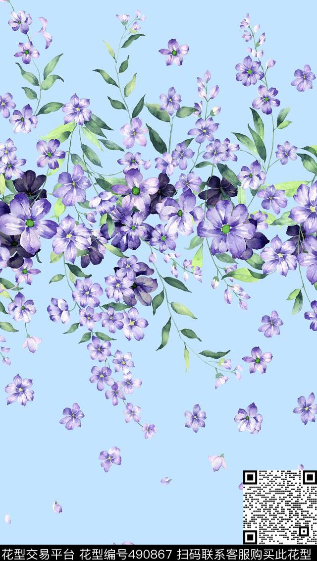 定位裙摆华亿平台欧式小清新清新紫花数码印花华亿平台下载（图片编号: 490867） - 瓦栏（Walan）