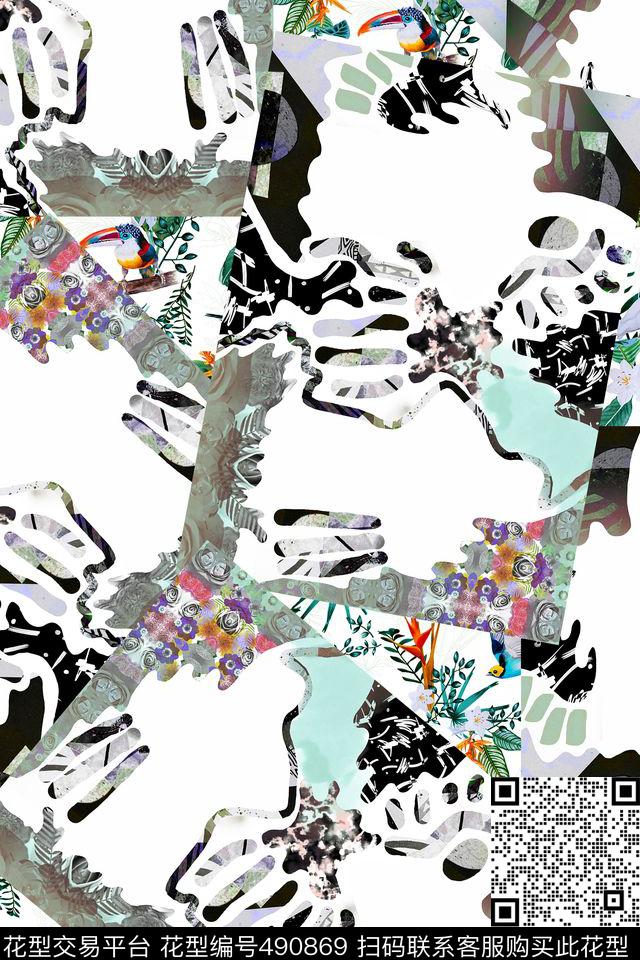 时尚抽象元素时尚拼接小花鸟数码印花华亿平台下载（图片编号: 490869） - 瓦栏（Walan）