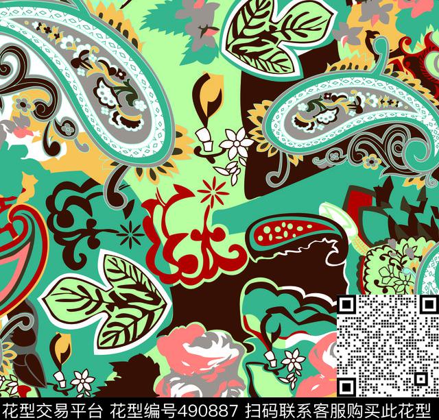 休闲腰果花手绘花卉传统印花华亿平台下载（图片编号: 490887） - 瓦栏（Walan）