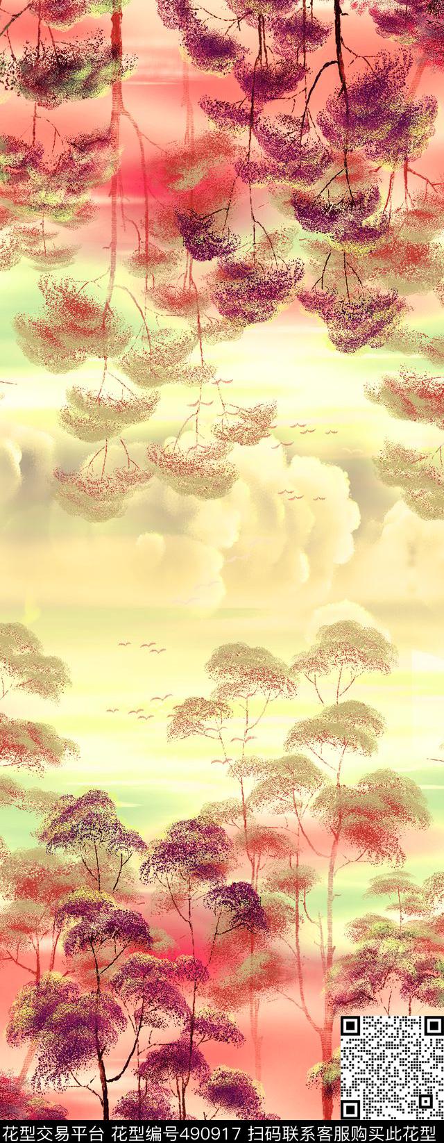 肌理树木时尚数码印花华亿平台下载（图片编号: 490917） - 瓦栏（Walan）