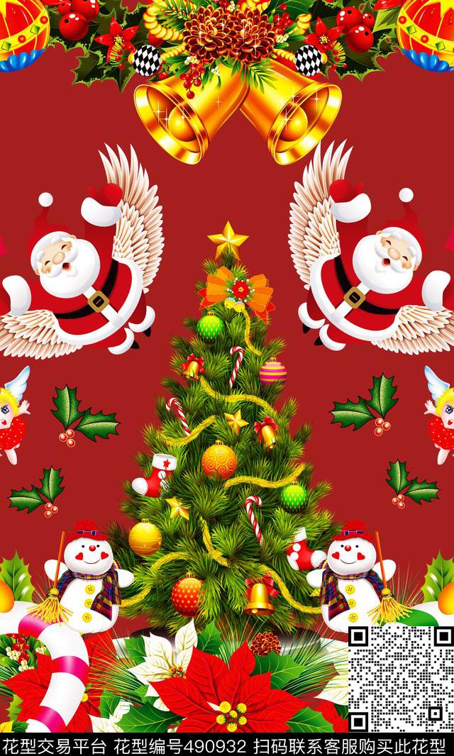 手绘定位欧美圣诞花卉手绘定位圣诞节圣诞老人圣诞树抽象欧美铃铛花卉雪人礼物喜庆H【抽象】数码印花华亿平台下载（图片编号: 490932） - 瓦栏（Walan）