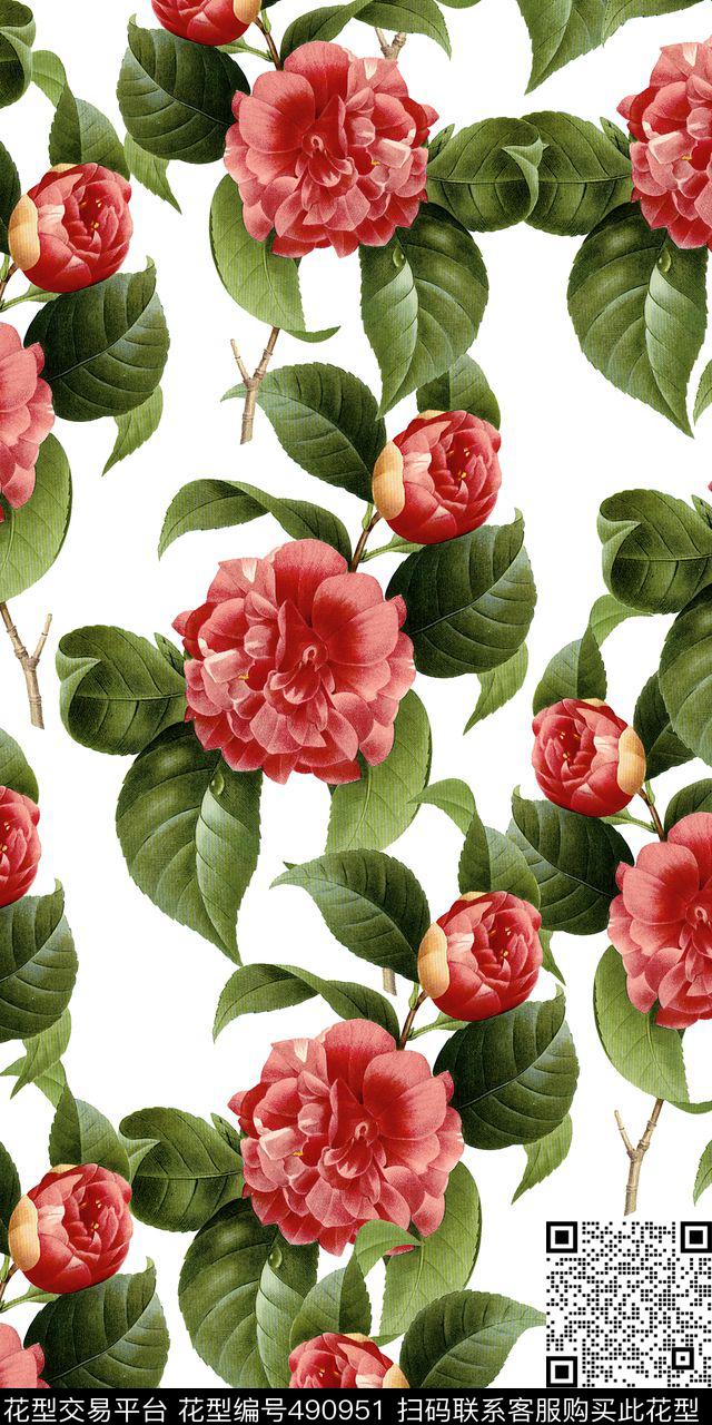时尚大气绿叶红花数码印花华亿平台下载（图片编号: 490951） - 瓦栏（Walan）