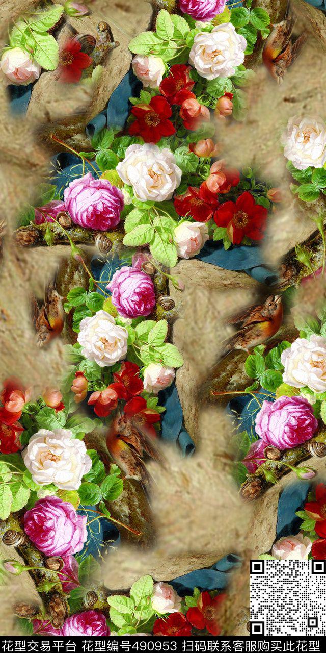 欧美枯树皮手绘油画花卉鸟儿数码印花华亿平台下载（图片编号: 490953） - 瓦栏（Walan）