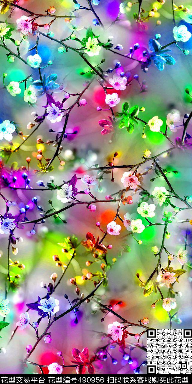 时尚桃花枝清爽绚丽数码印花华亿平台下载（图片编号: 490956） - 瓦栏（Walan）