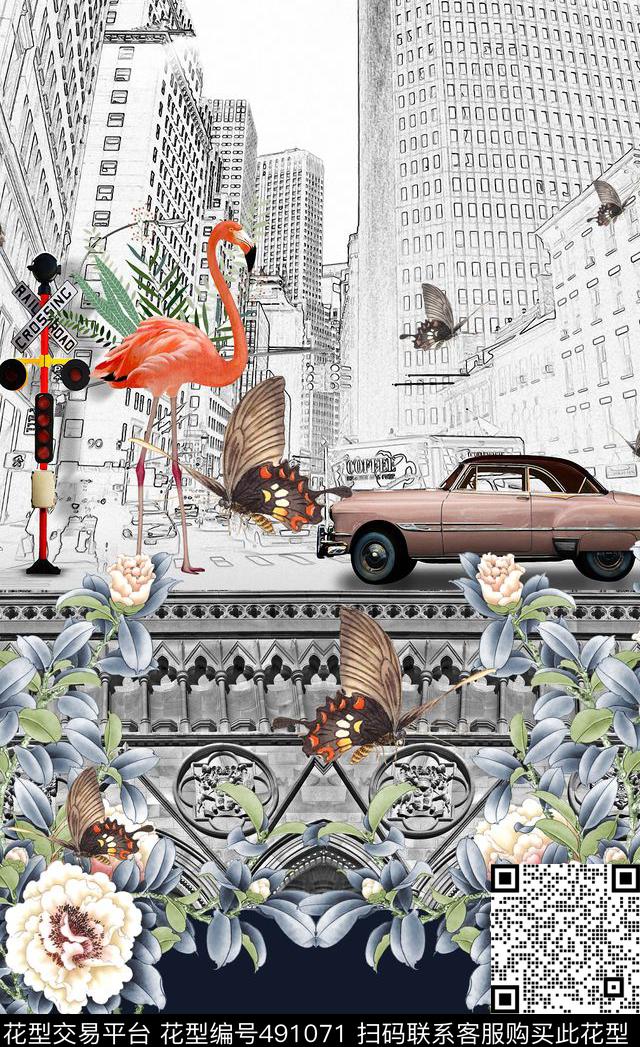 潮流时尚定位城市建筑花卉条纹数码印花华亿平台下载（图片编号: 491071） - 瓦栏（Walan）