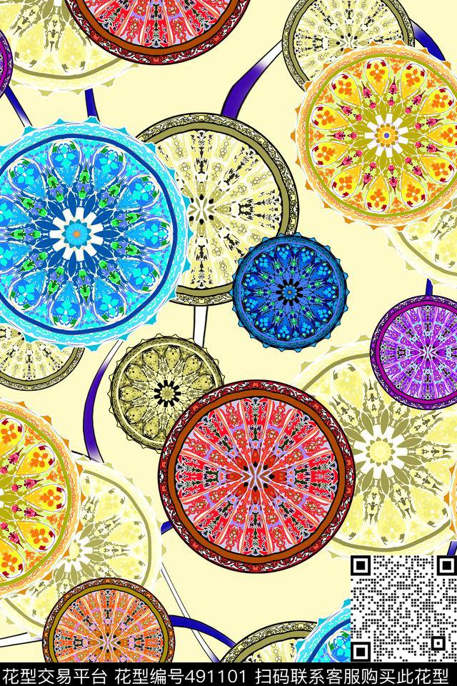 流行车轮圈圈复古数码印花华亿平台下载（图片编号: 491101） - 瓦栏（Walan）