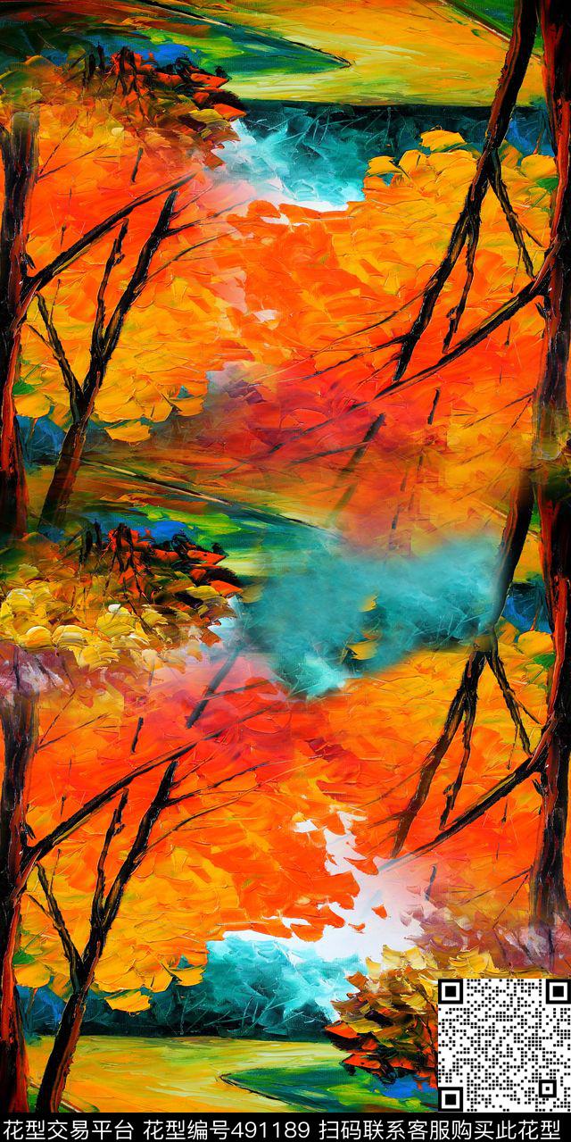 油画风景色彩鲜亮数码印花华亿平台下载（图片编号: 491189） - 瓦栏（Walan）