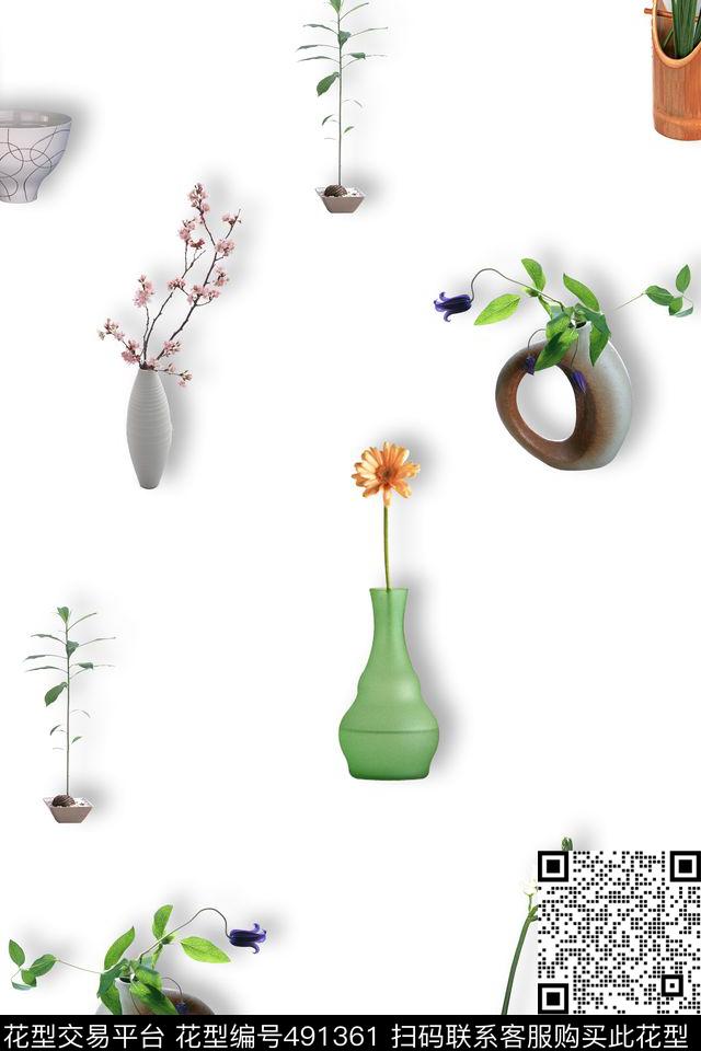 小清新花卉花瓶数码印花华亿平台下载（图片编号: 491361） - 瓦栏（Walan）