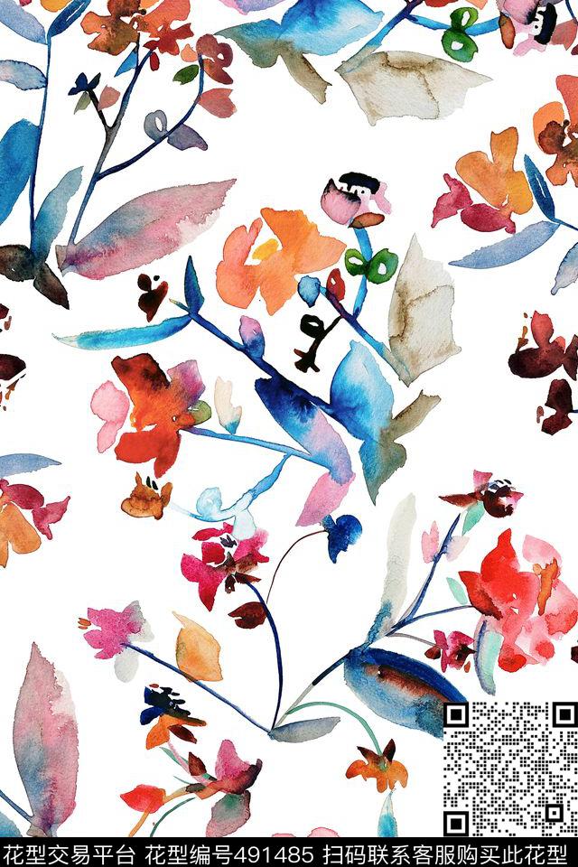 抽象水彩花草清新裙装文艺范数码印花华亿平台下载（图片编号: 491485） - 瓦栏（Walan）