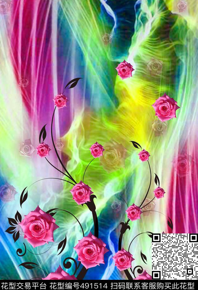 彩虹纹理玫瑰花写意数码印花华亿平台下载（图片编号: 491514） - 瓦栏（Walan）