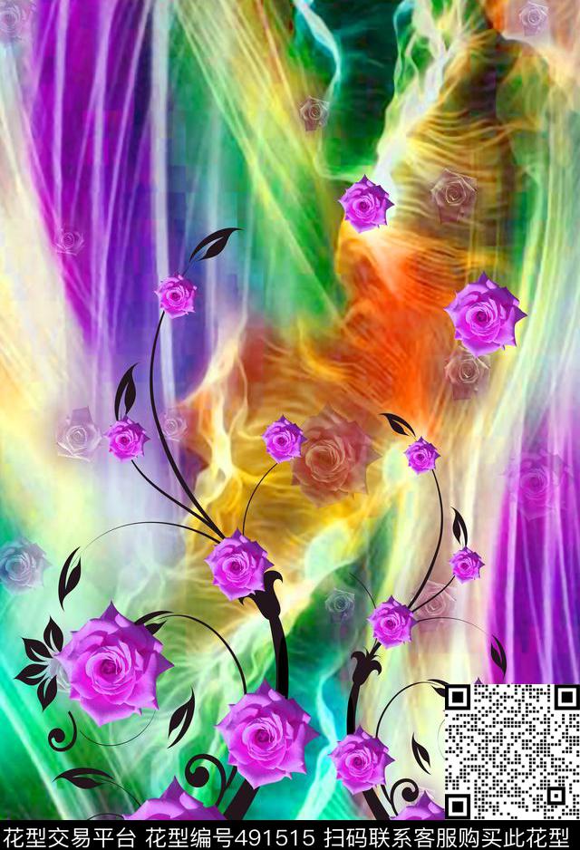 写意彩虹纹理玫瑰花数码印花华亿平台下载（图片编号: 491515） - 瓦栏（Walan）