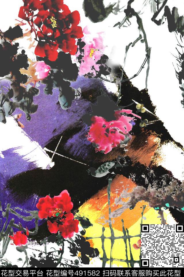 抽象色块水墨牡丹现代中国风数码印花华亿平台下载（图片编号: 491582） - 瓦栏（Walan）