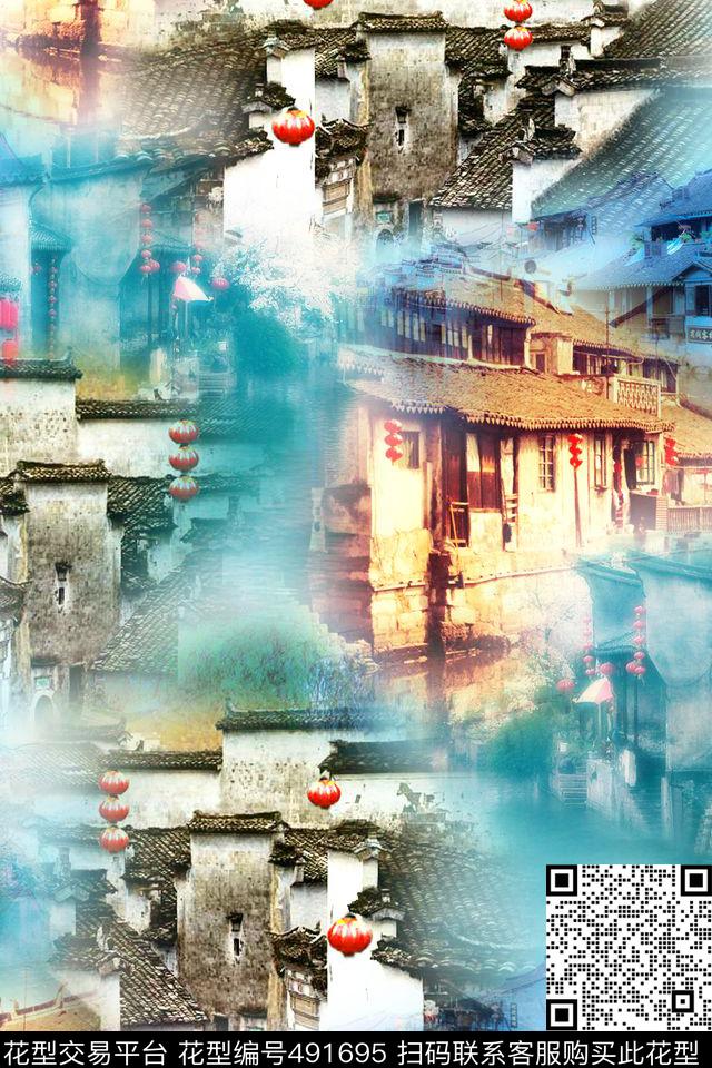 江南建筑怀旧复古风数码印花华亿平台下载（图片编号: 491695） - 瓦栏（Walan）